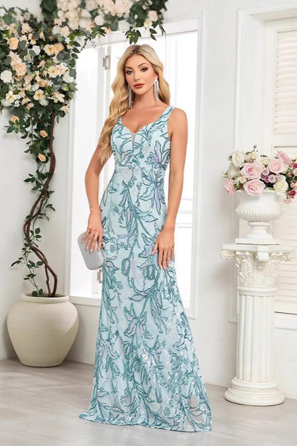Blue Floral Sheath V-Neck Long Prom Dress sold by Zapaka