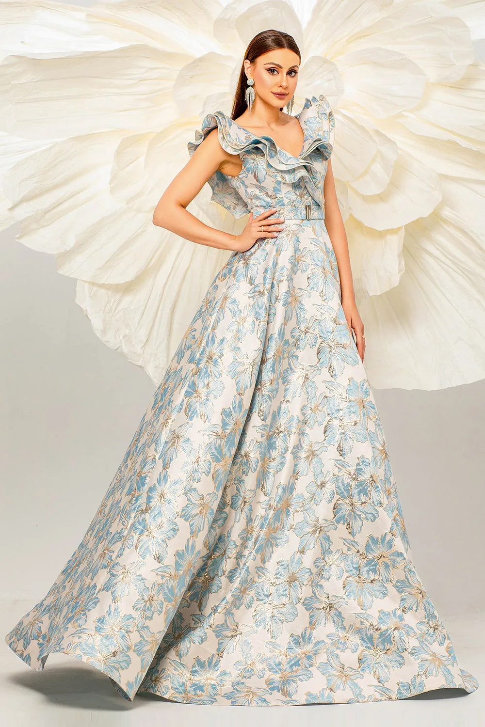 Light Blue A Line Floral Print Ruffled Sleeves Prom Dress sold by Zapaka product image thumbnail 3