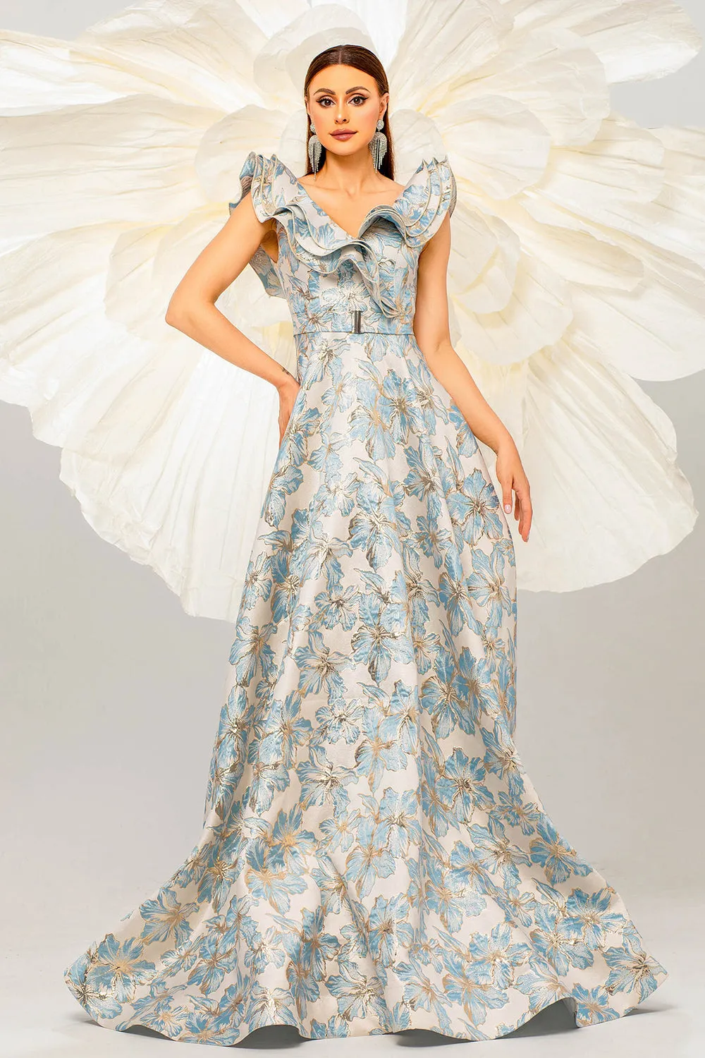 Light Blue A Line Floral Print Ruffled Sleeves Prom Dress sold by Zapaka product image thumbnail 4