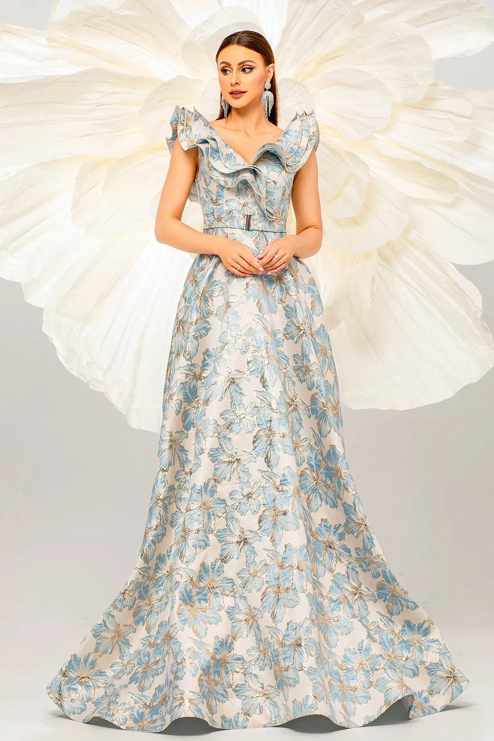 Light Blue A Line Floral Print Ruffled Sleeves Prom Dress sold by Zapaka