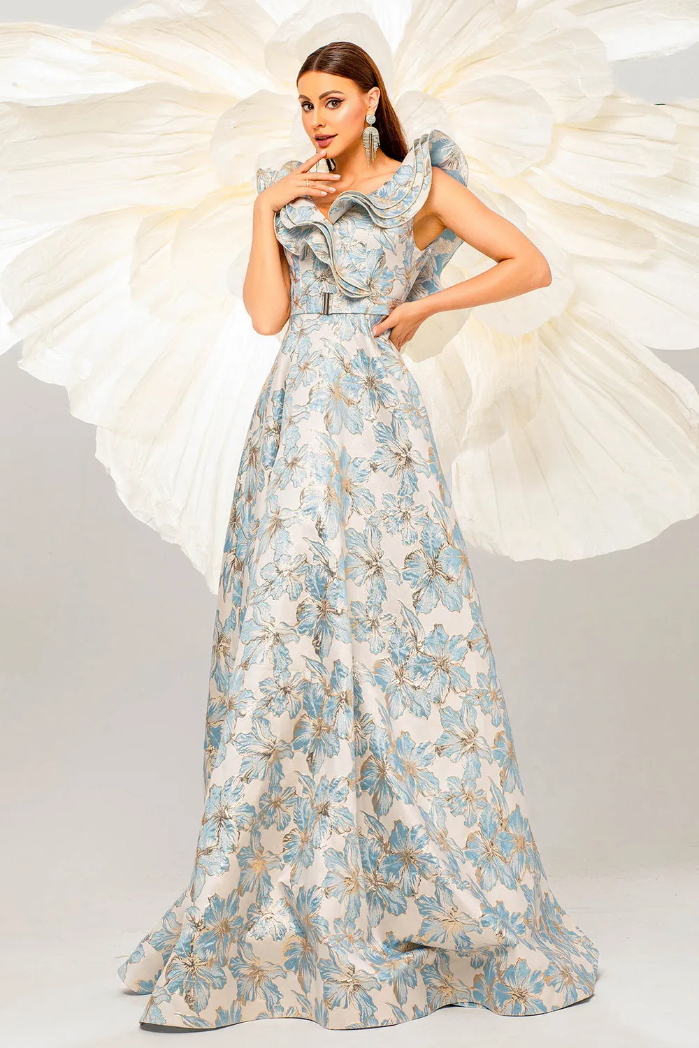 Light Blue A Line Floral Print Ruffled Sleeves Prom Dress sold by Zapaka product image thumbnail 5