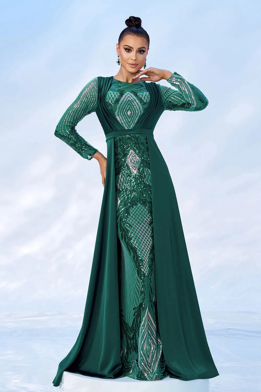 Green Sequins Printed Formal Dress with Long Sleeves sold by Zapaka product image thumbnail 5