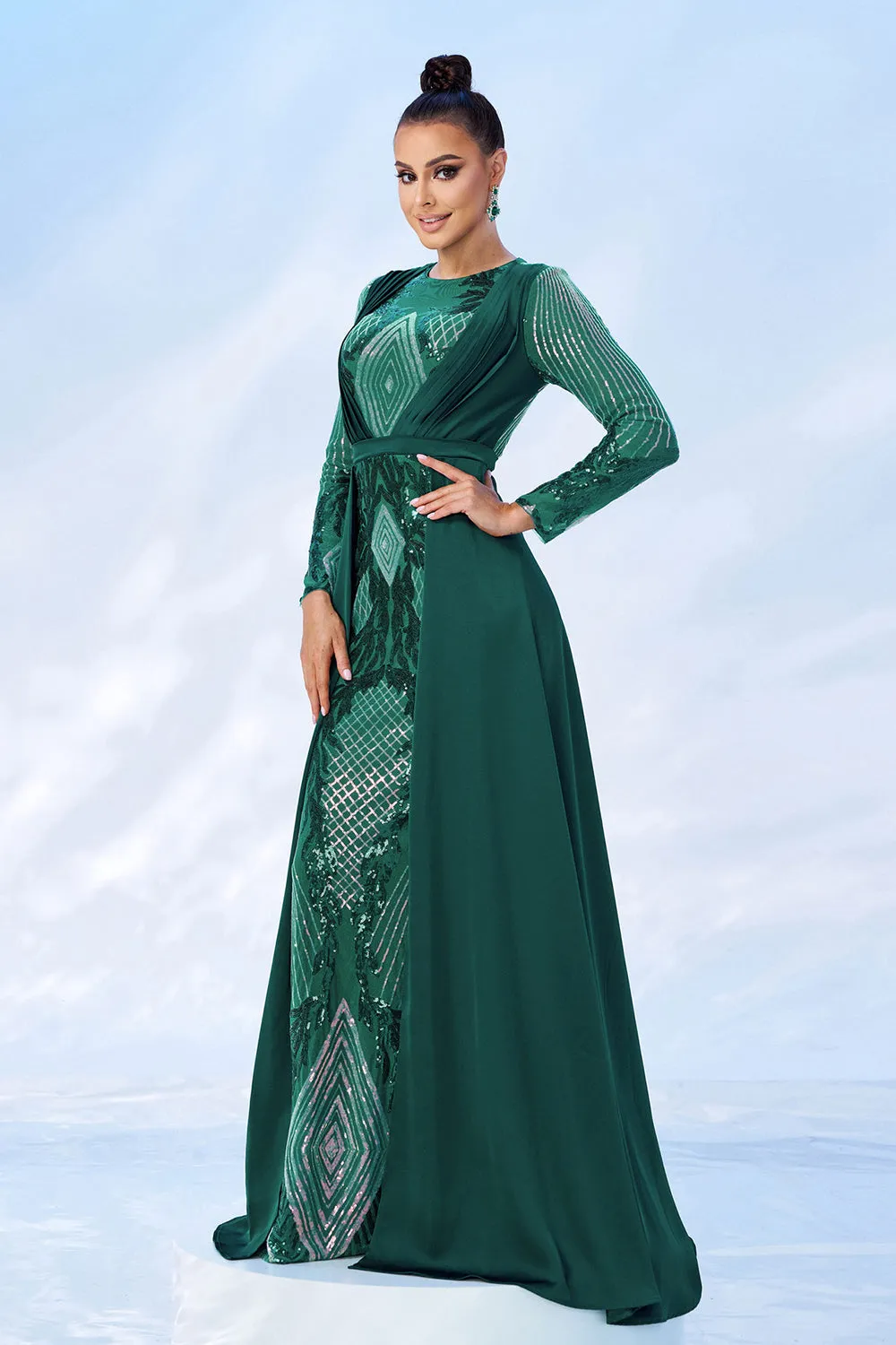 Green Sequins Printed Formal Dress with Long Sleeves sold by Zapaka product image thumbnail 3