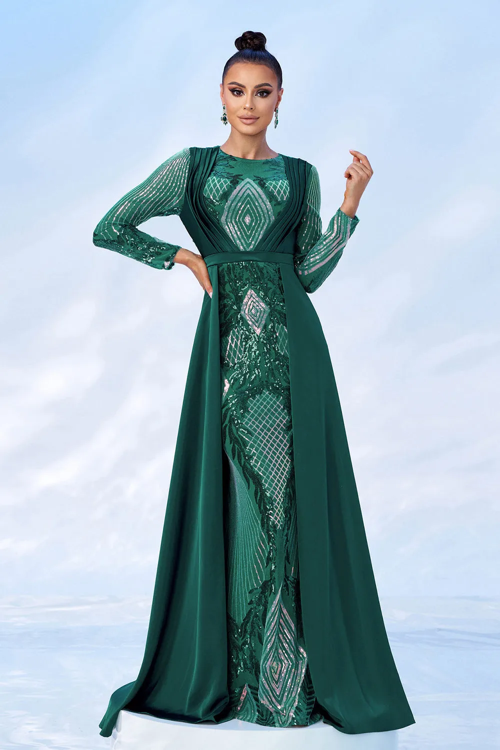Green Sequins Printed Formal Dress with Long Sleeves sold by Zapaka product image thumbnail 4