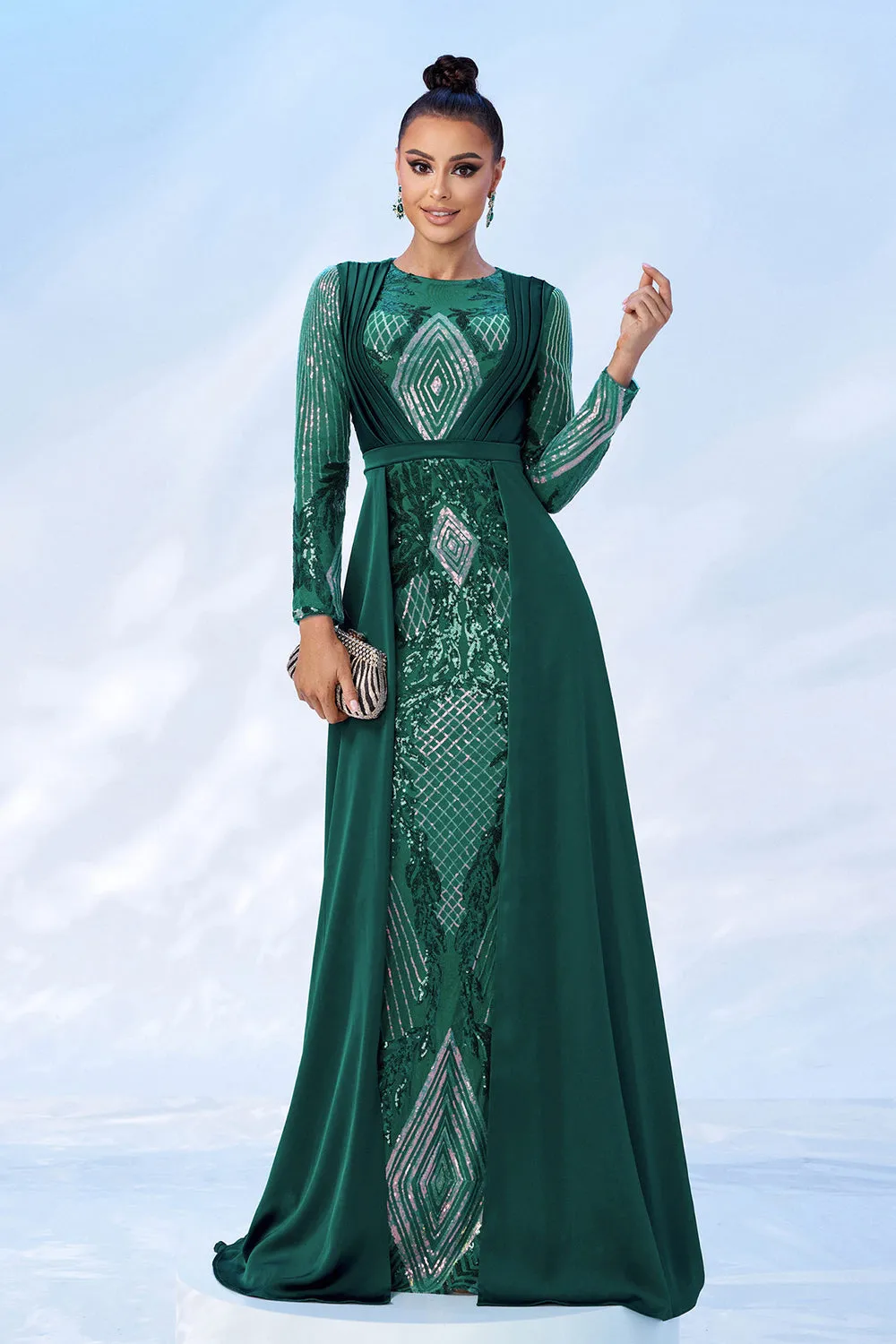 Green Sequins Printed Formal Dress with Long Sleeves sold by Zapaka