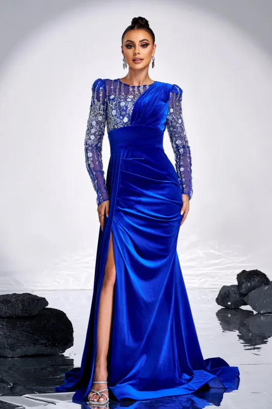 Royal Blue Beaded Mermaid Velvet Prom Dress sold by Zapaka