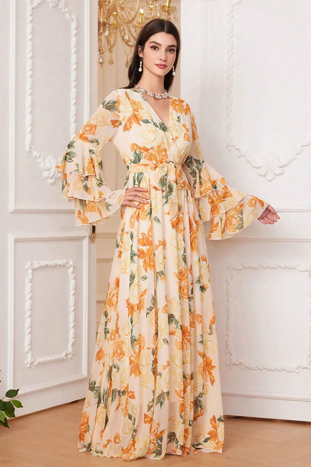 Yellow Floral Chiffon A-Line V-neck Long Sleeves Long Prom Dress sold by Zapaka product image thumbnail 3