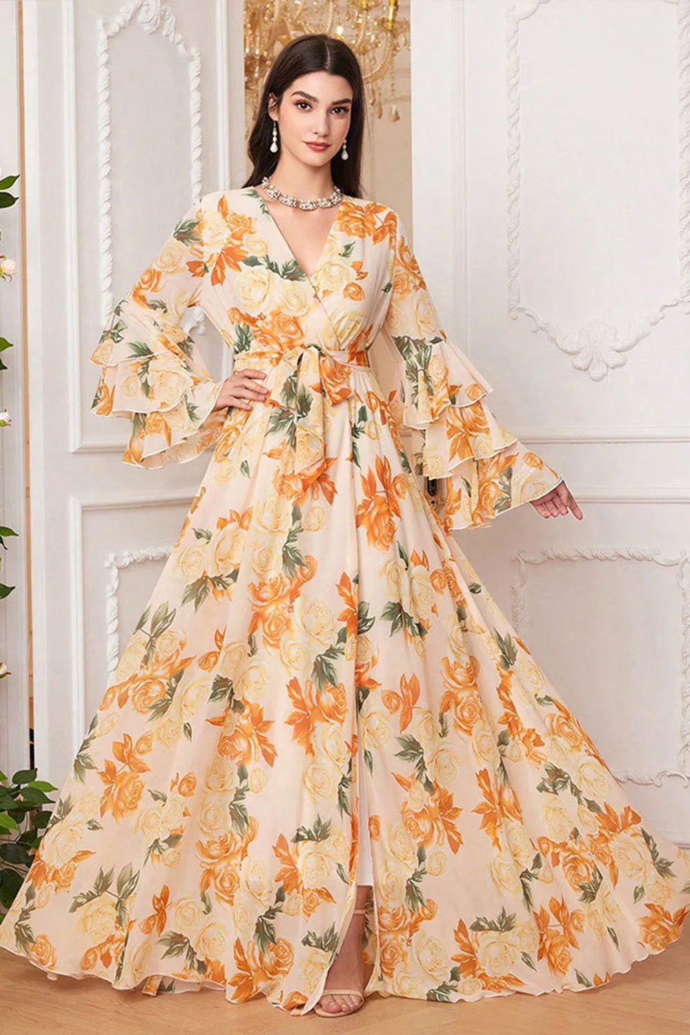 Yellow Floral Chiffon A-Line V-neck Long Sleeves Long Prom Dress sold by Zapaka