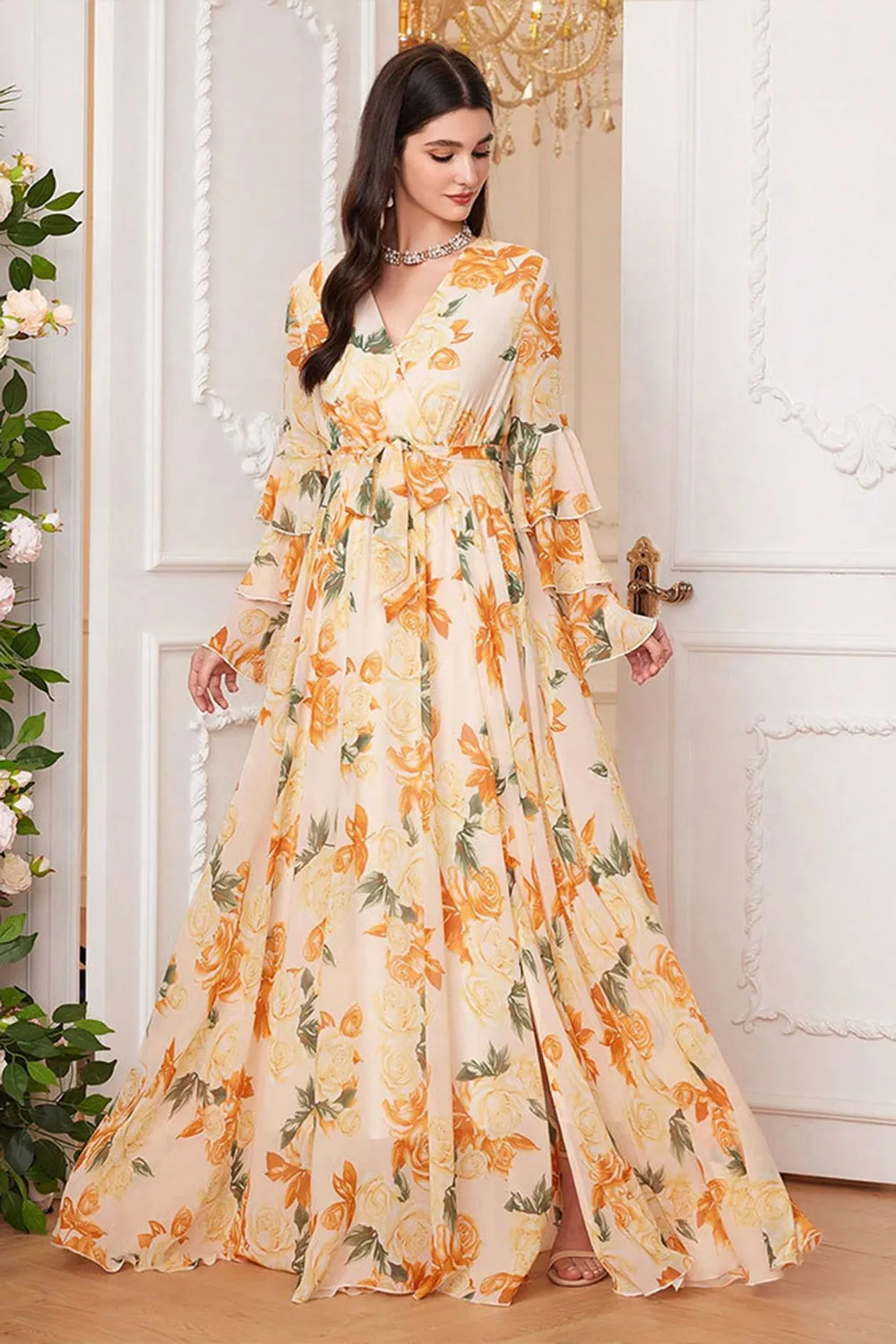 Yellow Floral Chiffon A-Line V-neck Long Sleeves Long Prom Dress sold by Zapaka product image thumbnail 4