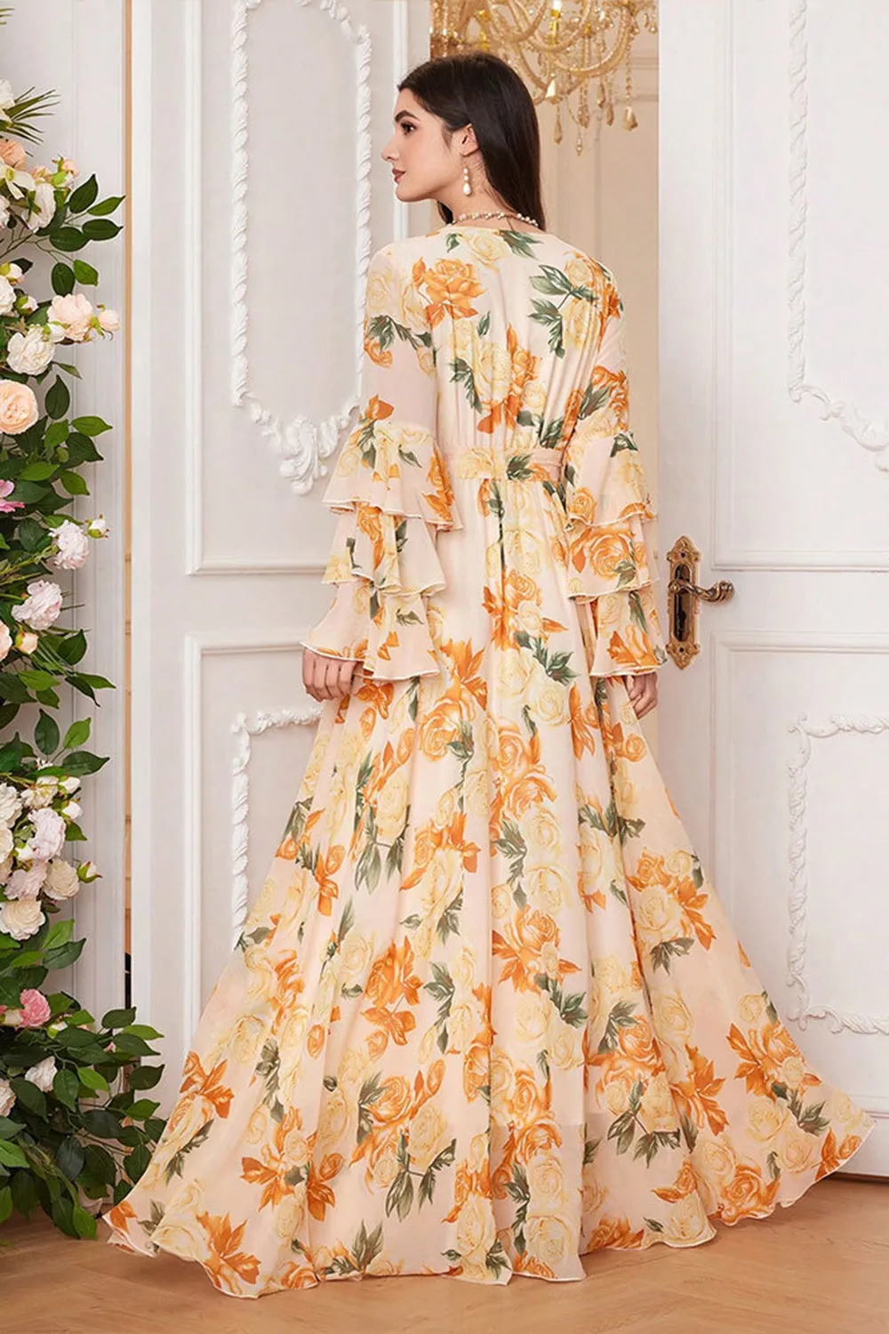 Yellow Floral Chiffon A-Line V-neck Long Sleeves Long Prom Dress sold by Zapaka product image thumbnail 2