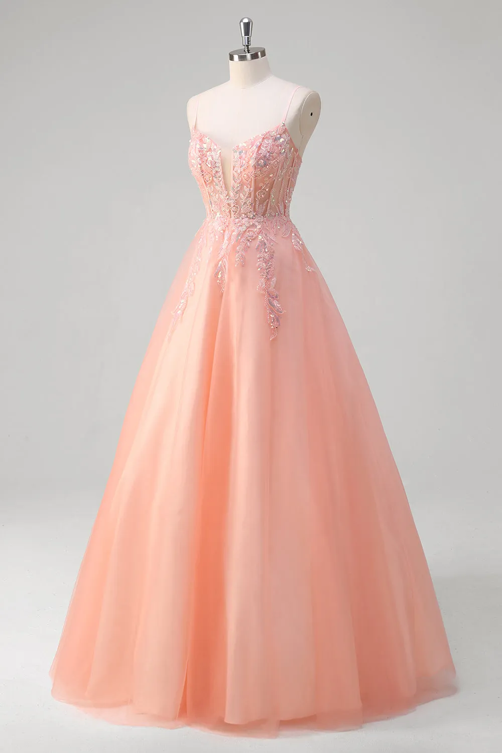 Sparkly Peach A-Line Corset Floral Tulle Long Prom Dress with Beaded sold by Zapaka product image thumbnail 3