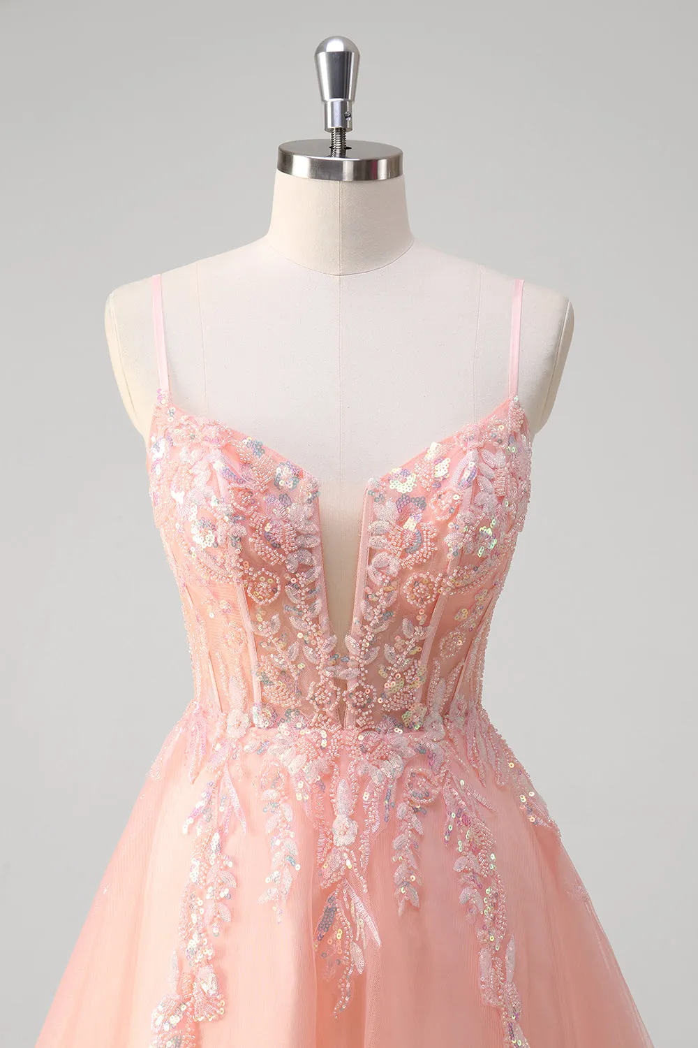 Sparkly Peach A-Line Corset Floral Tulle Long Prom Dress with Beaded sold by Zapaka product image thumbnail 4