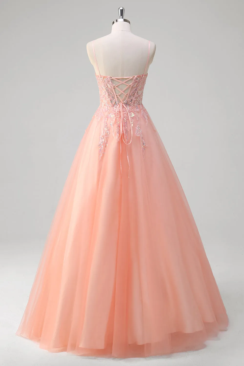 Sparkly Peach A-Line Corset Floral Tulle Long Prom Dress with Beaded sold by Zapaka product image thumbnail 2