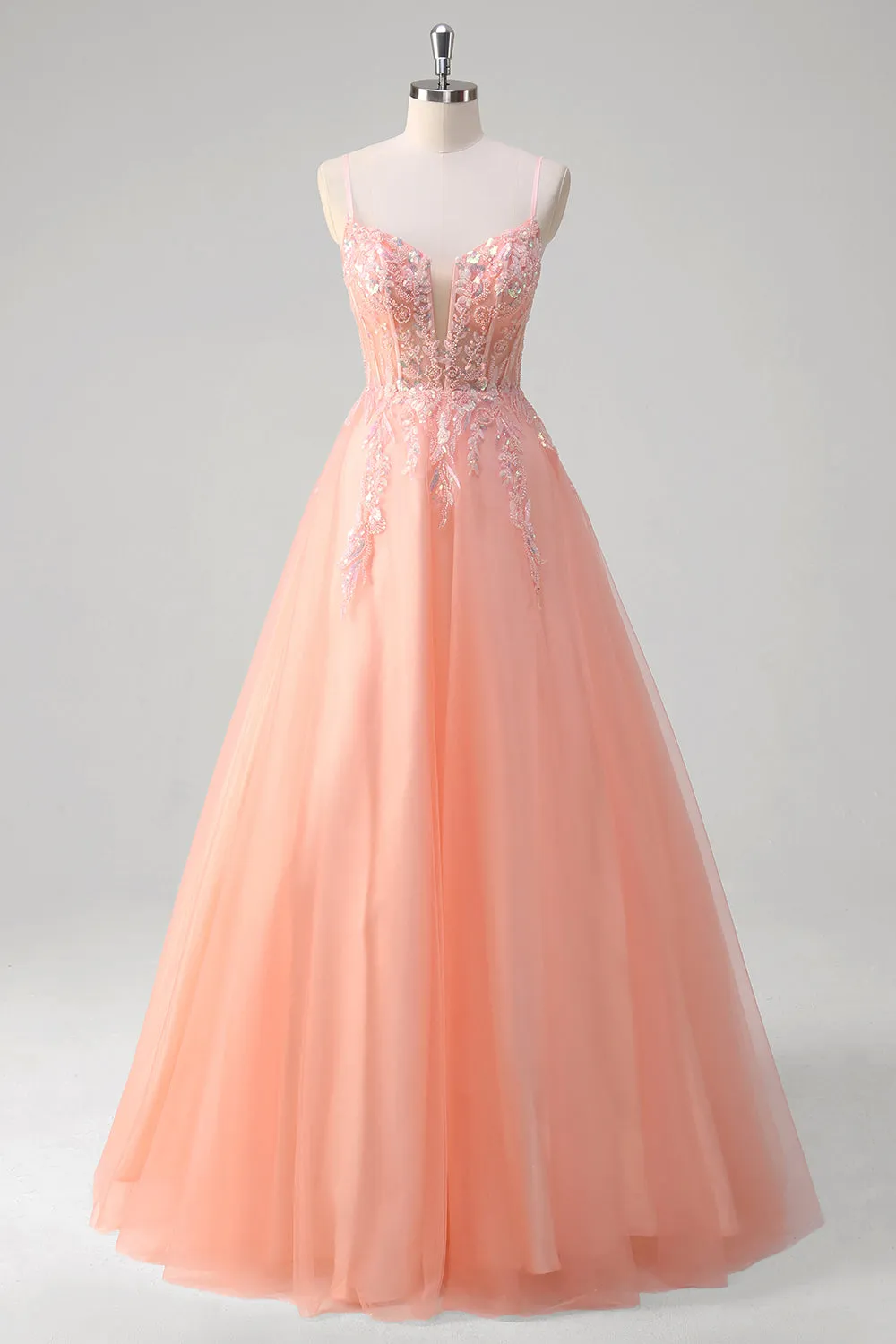 Sparkly Peach A-Line Corset Floral Tulle Long Prom Dress with Beaded sold by Zapaka