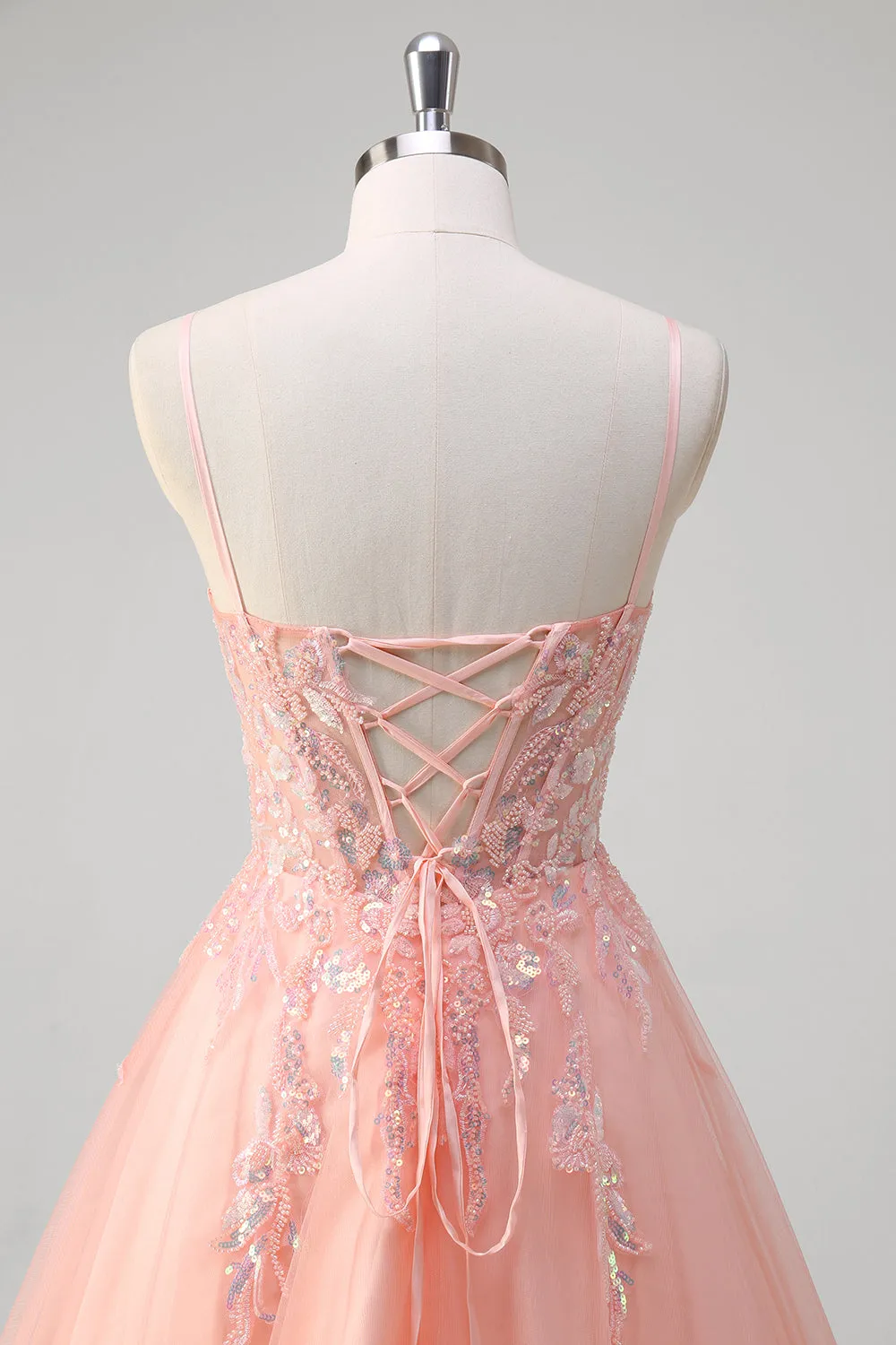 Sparkly Peach A-Line Corset Floral Tulle Long Prom Dress with Beaded sold by Zapaka product image thumbnail 5