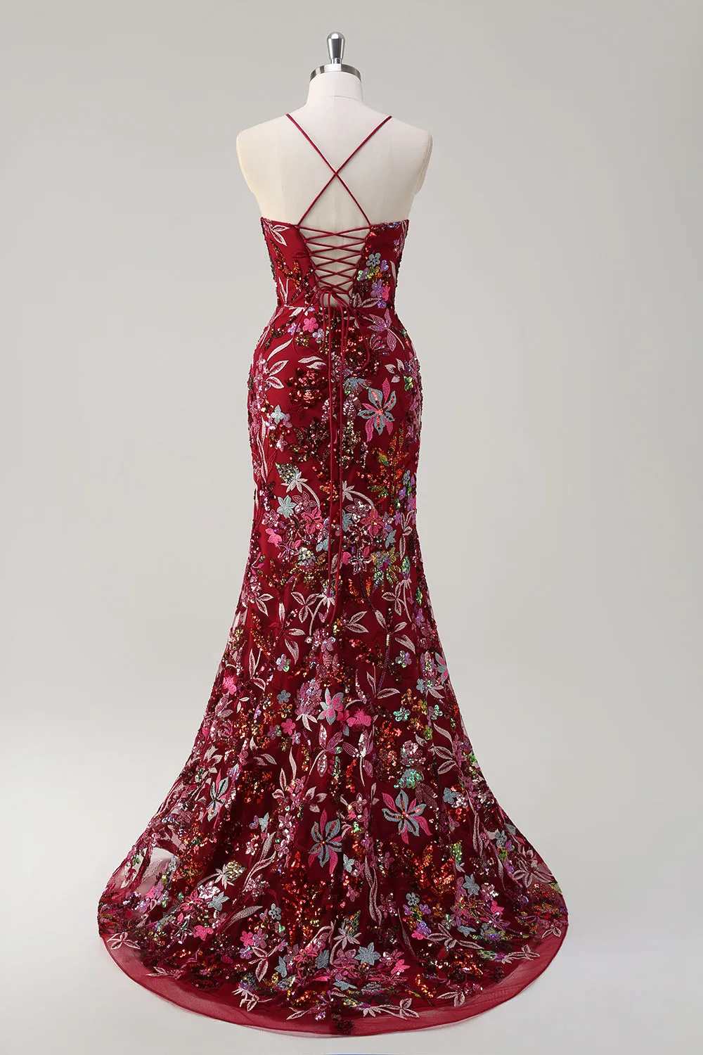 Sparkly Burgundy Mermaid Long Sequin Floral Prom Dress with Slit sold by Zapaka product image thumbnail 2