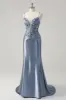 Sparkly Grey Blue Mermaid Spaghetti Straps Corset Long Prom Dress with Appliques sold by Zapaka