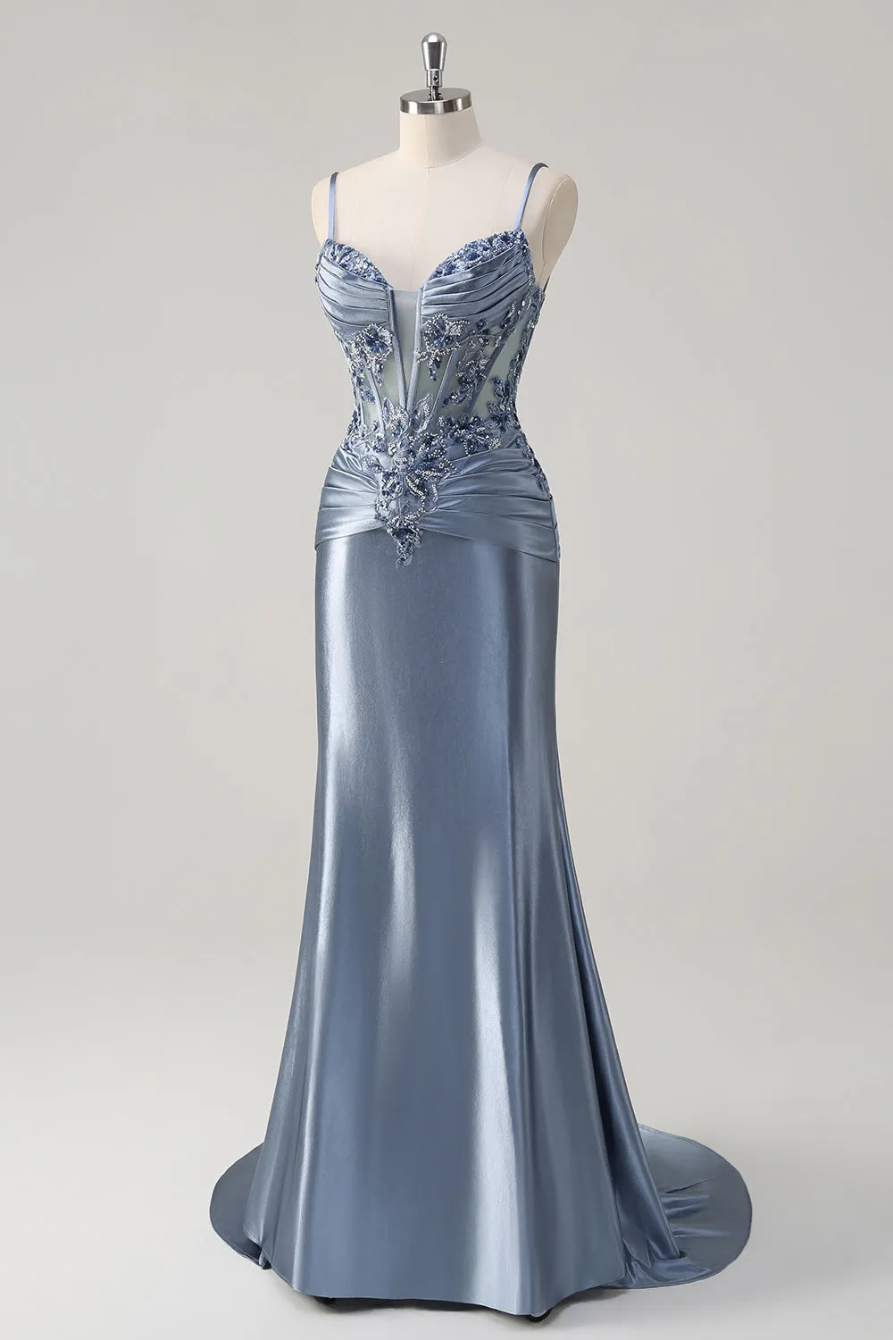 Sparkly Grey Blue Mermaid Spaghetti Straps Corset Long Prom Dress with Appliques sold by Zapaka product image thumbnail 3