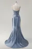 Sparkly Grey Blue Mermaid Spaghetti Straps Corset Long Prom Dress with Appliques sold by Zapaka