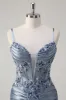 Sparkly Grey Blue Mermaid Spaghetti Straps Corset Long Prom Dress with Appliques sold by Zapaka
