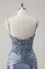 Sparkly Grey Blue Mermaid Spaghetti Straps Corset Long Prom Dress with Appliques sold by Zapaka