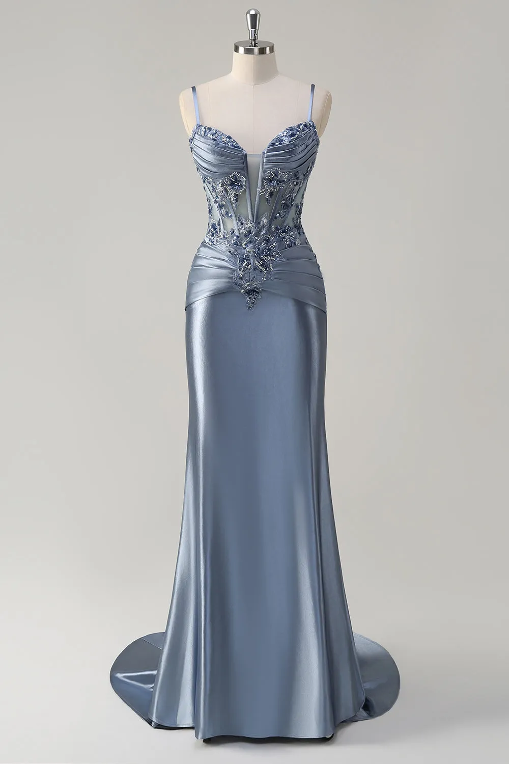 Sparkly Grey Blue Mermaid Spaghetti Straps Corset Long Prom Dress with Appliques sold by Zapaka