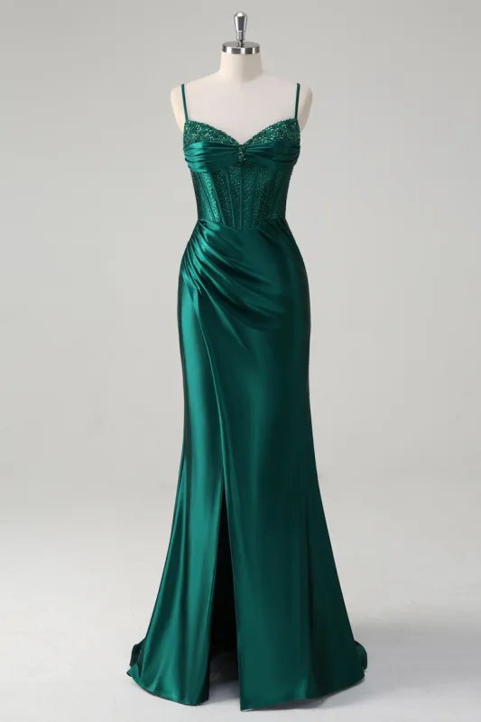 Sparkly Dark Green Mermaid Corset Beaded Long Prom Dress with Slit sold by Zapaka