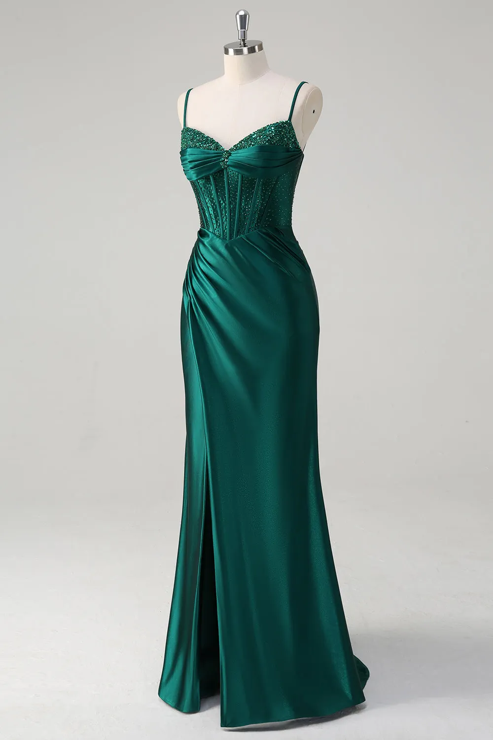 Sparkly Dark Green Mermaid Corset Beaded Long Prom Dress with Slit sold by Zapaka product image thumbnail 3
