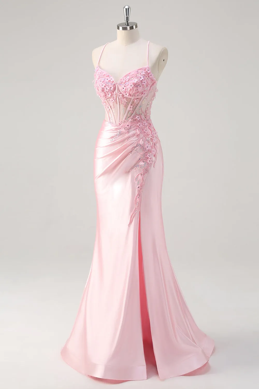 Pink Mermaid Spaghetti Straps Sheer Corset Floral Long Prom Dress with Slit sold by Zapaka product image thumbnail 3