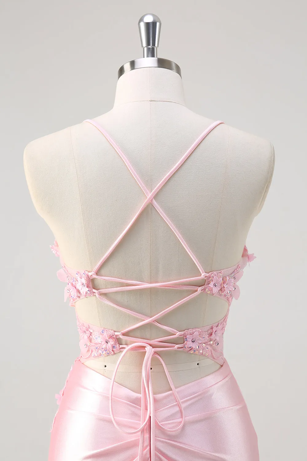 Pink Mermaid Spaghetti Straps Sheer Corset Floral Long Prom Dress with Slit sold by Zapaka product image thumbnail 5