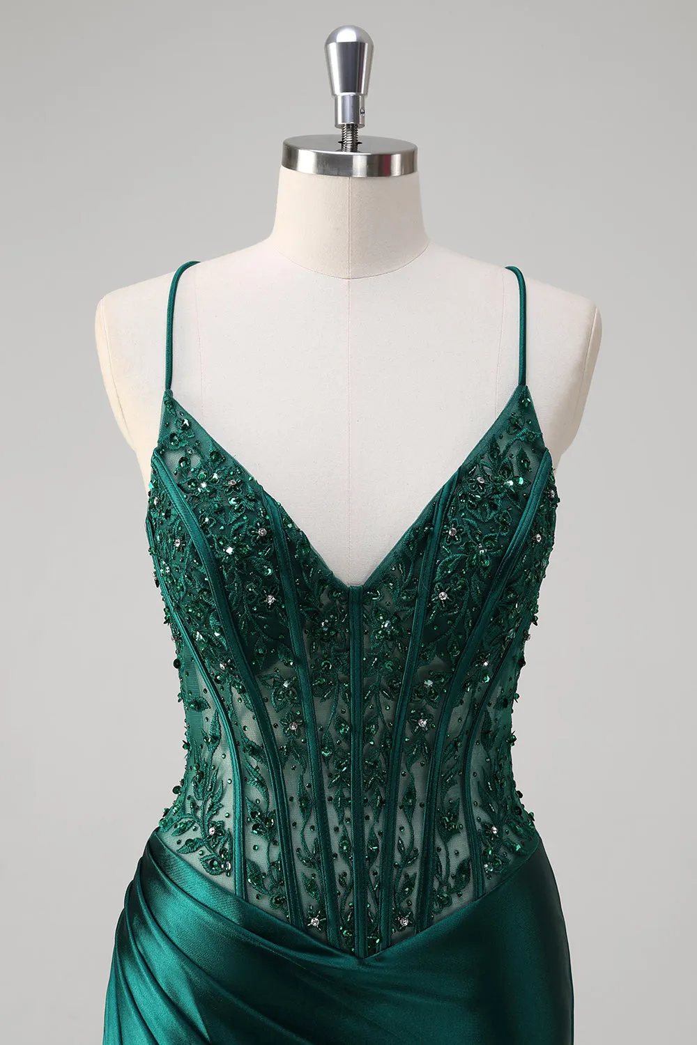 Dark Green Mermaid Pleated Sequin Corset Long Prom Dress With Lace Up Back sold by Zapaka product image thumbnail 4