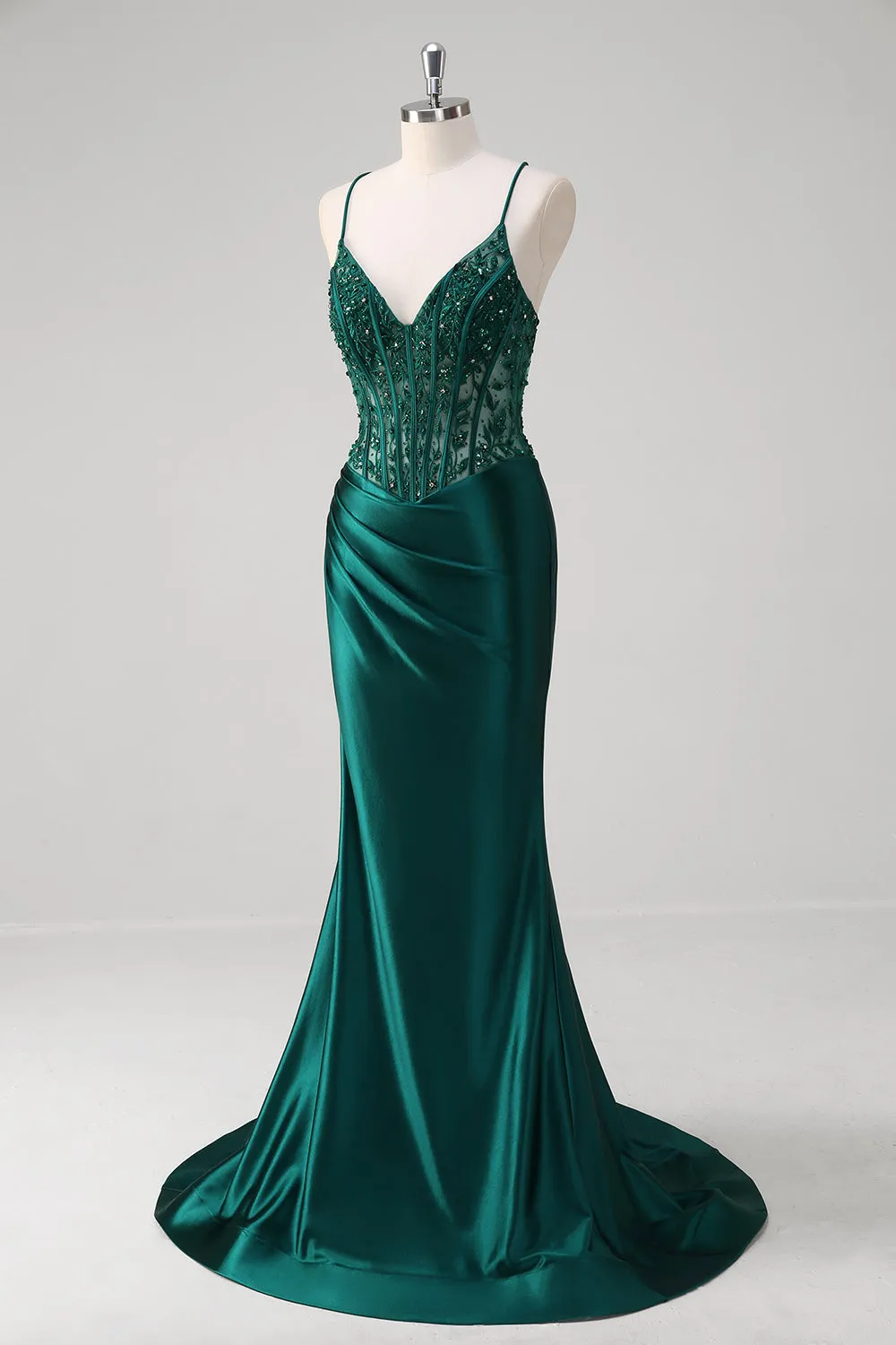 Dark Green Mermaid Pleated Sequin Corset Long Prom Dress With Lace Up Back sold by Zapaka product image thumbnail 3