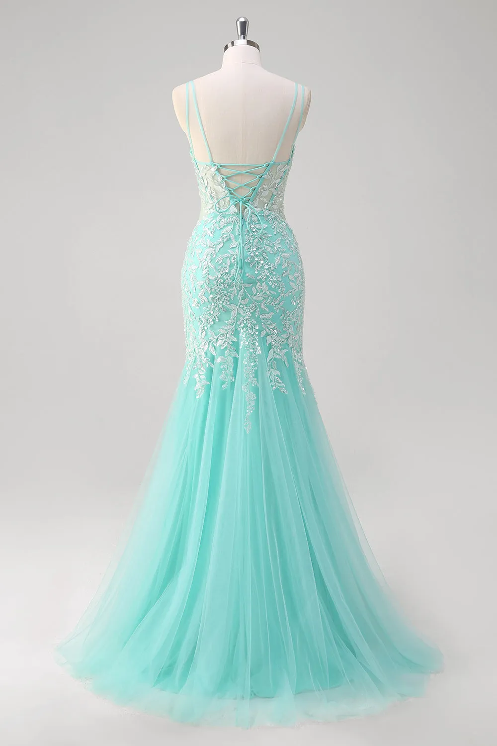 Sparkly Mint Mermaid Lace Long Prom Dress with Slit sold by Zapaka product image thumbnail 2