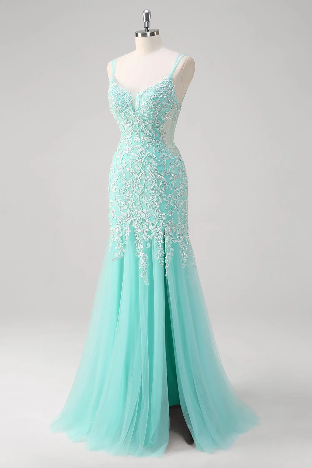 Sparkly Mint Mermaid Lace Long Prom Dress with Slit sold by Zapaka product image thumbnail 3