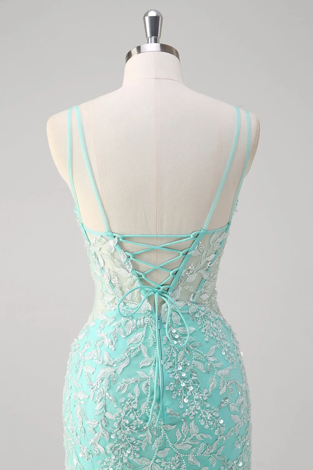 Sparkly Mint Mermaid Lace Long Prom Dress with Slit sold by Zapaka product image thumbnail 5