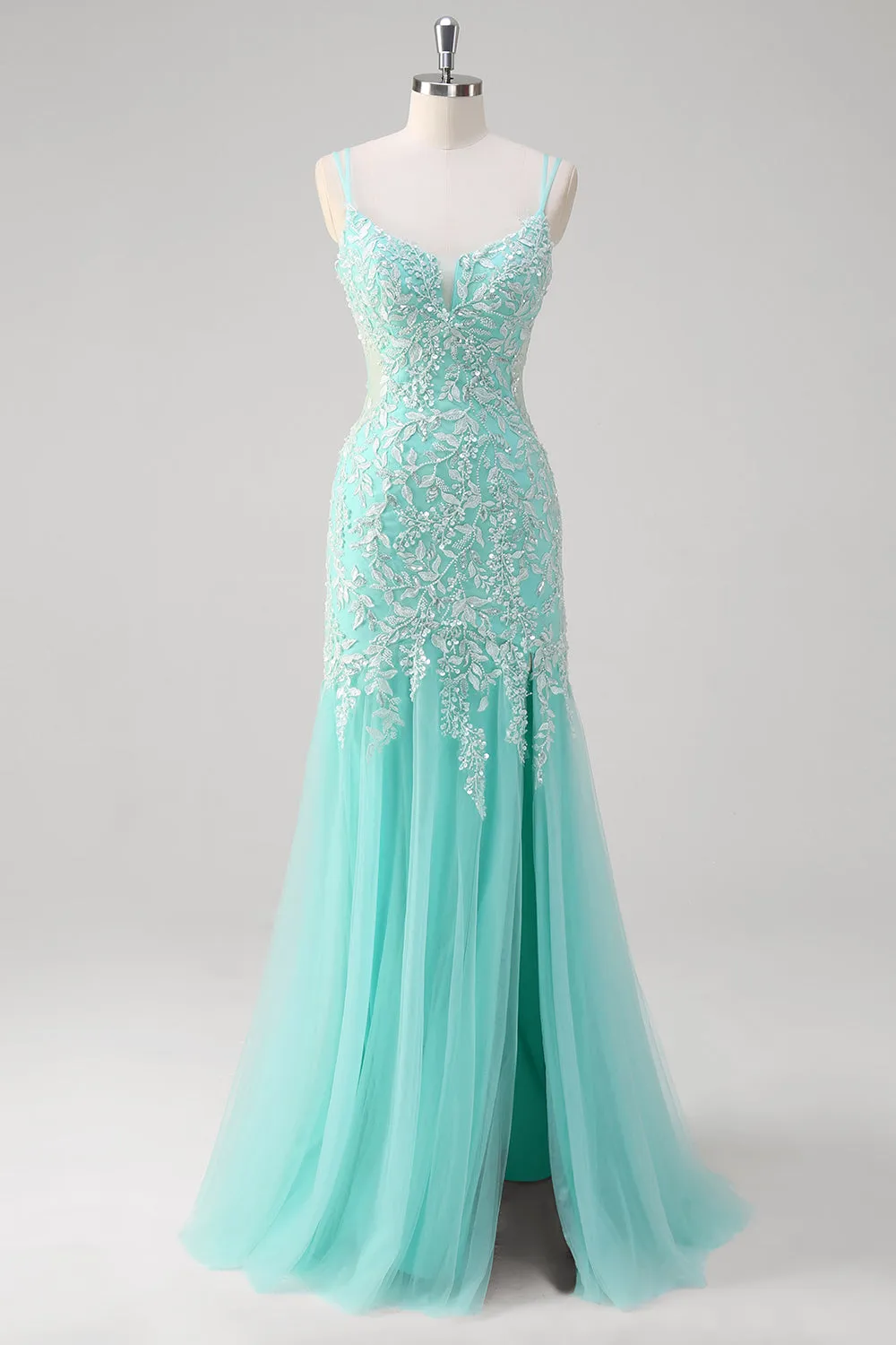 Sparkly Mint Mermaid Lace Long Prom Dress with Slit sold by Zapaka