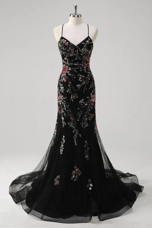 Black Mermaid Spaghetti Straps Appliqued Long Prom Dress With Sequins sold by Zapaka