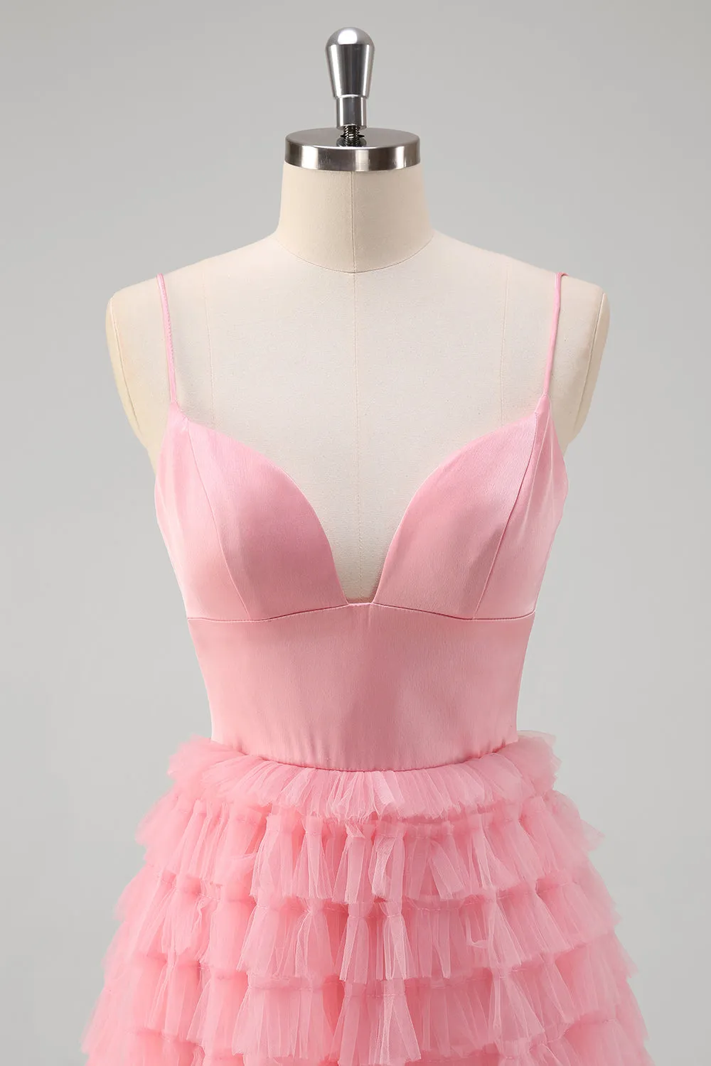 Pink A Line Spaghetti Straps Tulle Tiered Long Prom Dress sold by Zapaka product image thumbnail 4