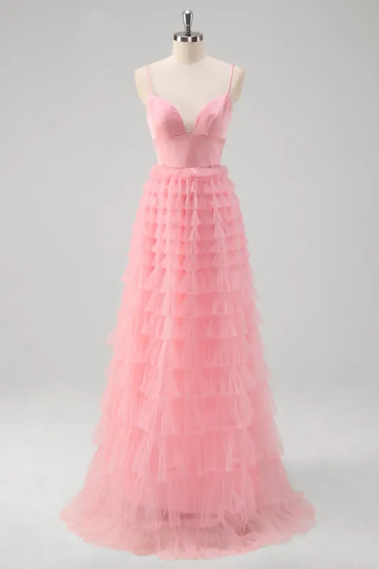 Pink A Line Spaghetti Straps Tulle Tiered Long Prom Dress sold by Zapaka