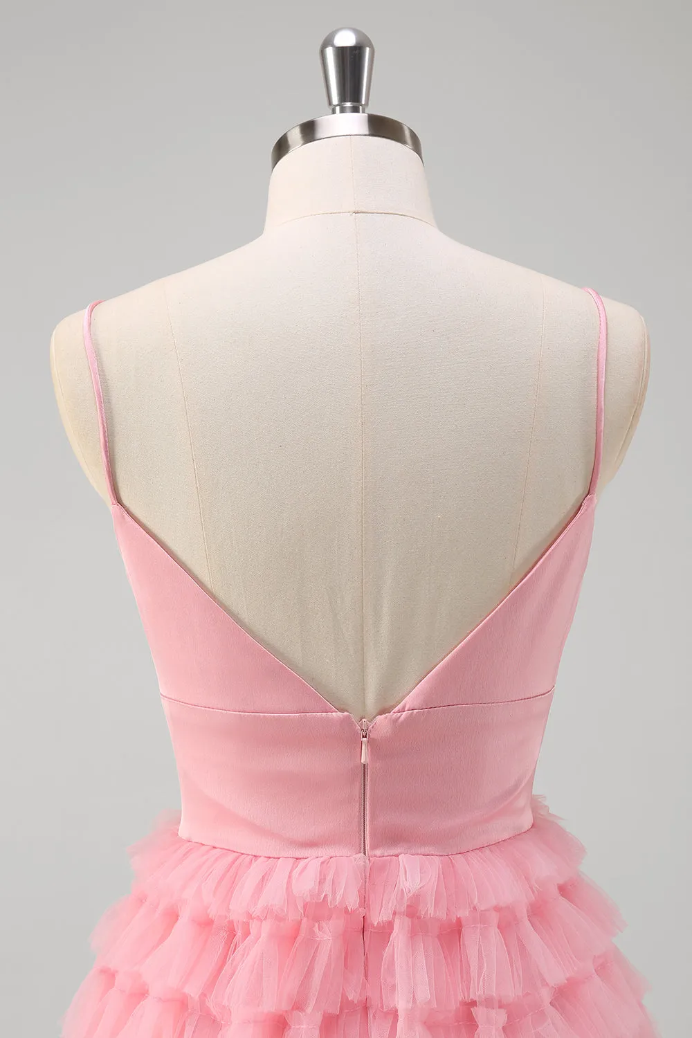 Pink A Line Spaghetti Straps Tulle Tiered Long Prom Dress sold by Zapaka product image thumbnail 5