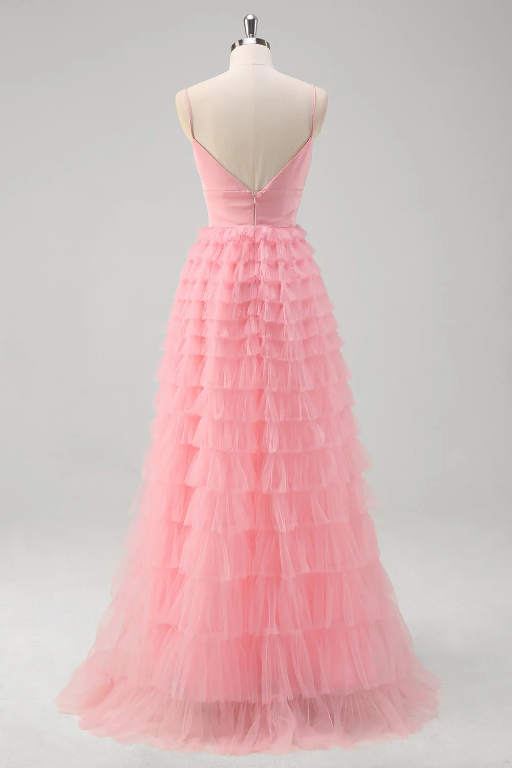 Pink A Line Spaghetti Straps Tulle Tiered Long Prom Dress sold by Zapaka product image thumbnail 2