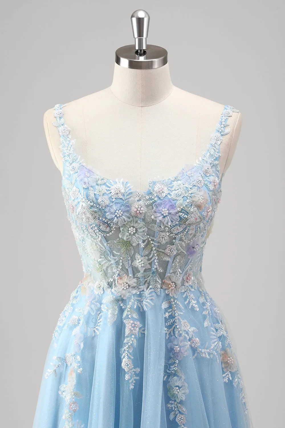 Light Blue A Line Spaghetti Straps Corset Floral Appliqued Prom Dress with Slit sold by Zapaka product image thumbnail 4