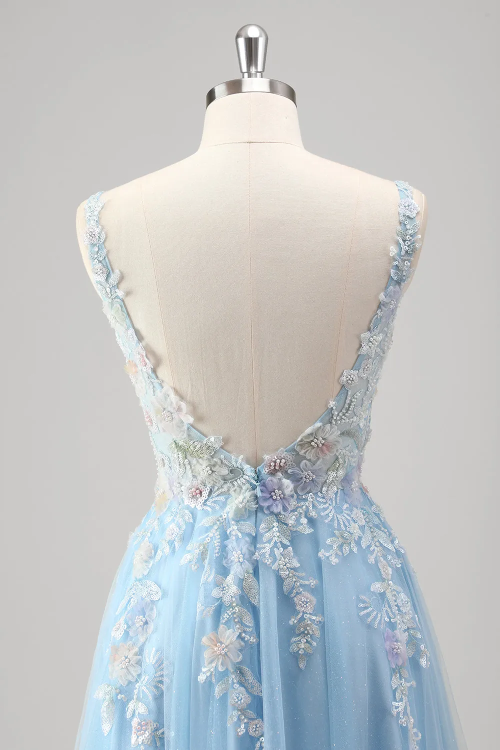 Light Blue A Line Spaghetti Straps Corset Floral Appliqued Prom Dress with Slit sold by Zapaka product image thumbnail 5