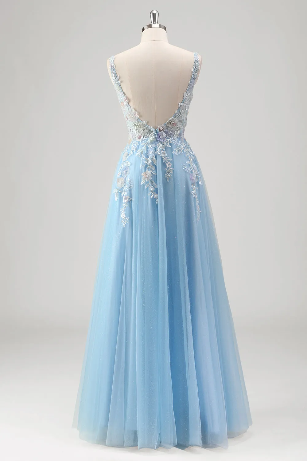 Light Blue A Line Spaghetti Straps Corset Floral Appliqued Prom Dress with Slit sold by Zapaka product image thumbnail 2