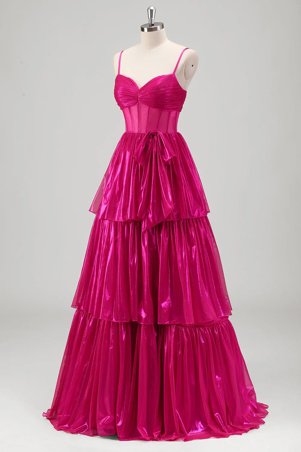 Sparkly A Line Fuchsia Corset Tiered Spaghetti Straps Metallic Prom Dress sold by Zapaka product image thumbnail 3