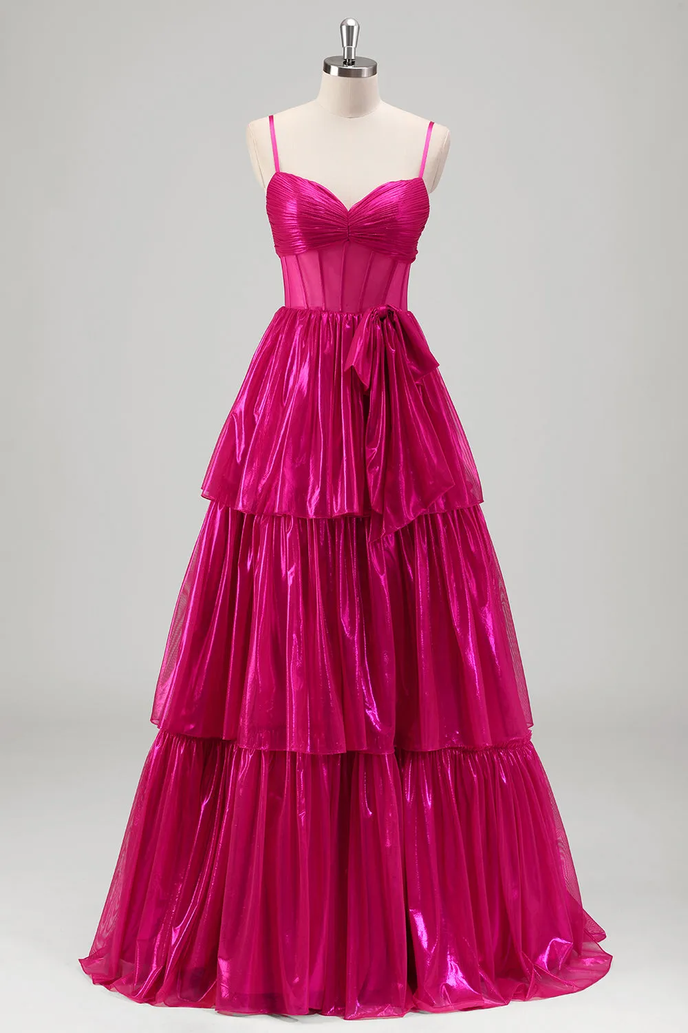 Sparkly A Line Fuchsia Corset Tiered Spaghetti Straps Metallic Prom Dress sold by Zapaka