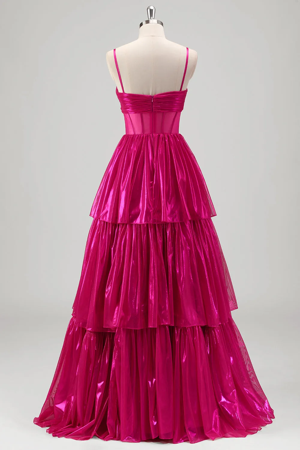 Sparkly A Line Fuchsia Corset Tiered Spaghetti Straps Metallic Prom Dress sold by Zapaka product image thumbnail 2