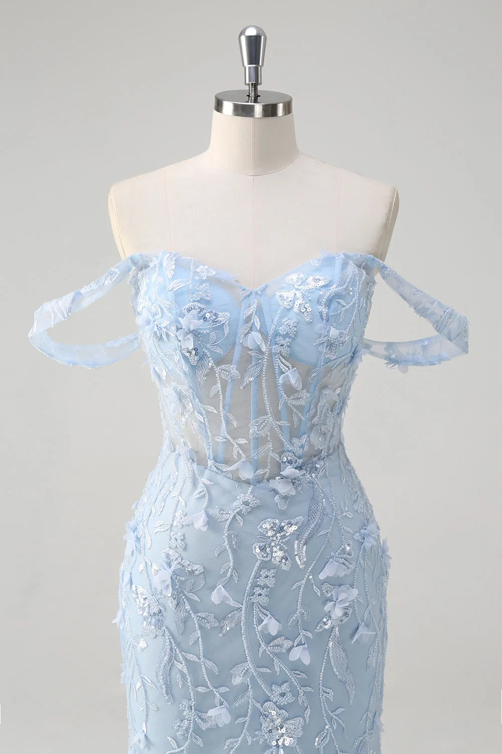Blue Mermaid Off the Shoulder Sequin Floral Corset Prom Dress sold by Zapaka product image thumbnail 4