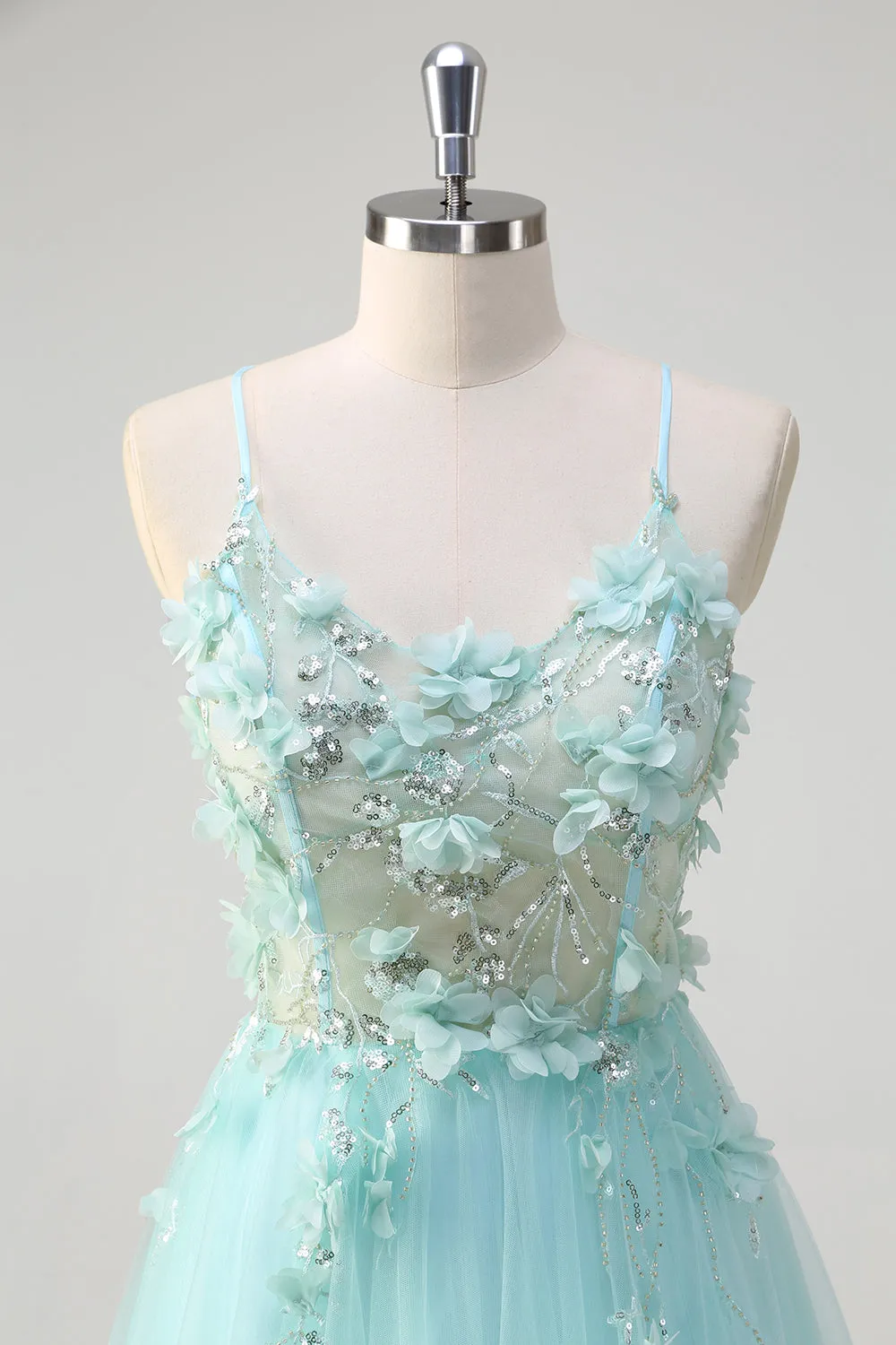 Green A Line Spaghetti Straps Sequin Tulle Prom Dress With 3D Flowers sold by Zapaka product image thumbnail 4