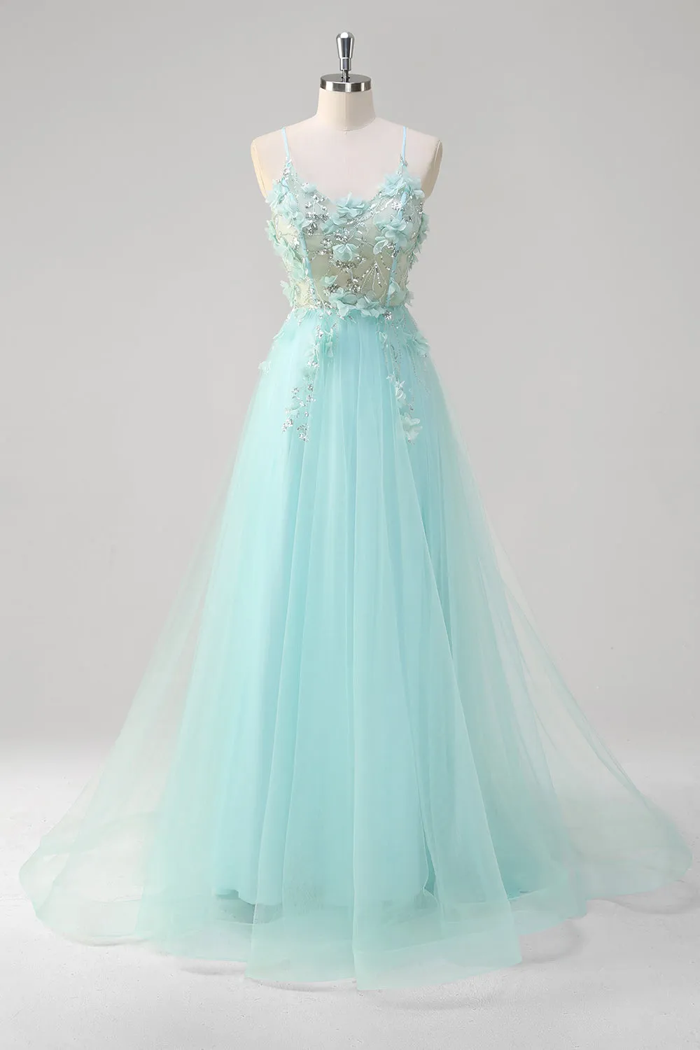 Green A Line Spaghetti Straps Sequin Tulle Prom Dress With 3D Flowers sold by Zapaka